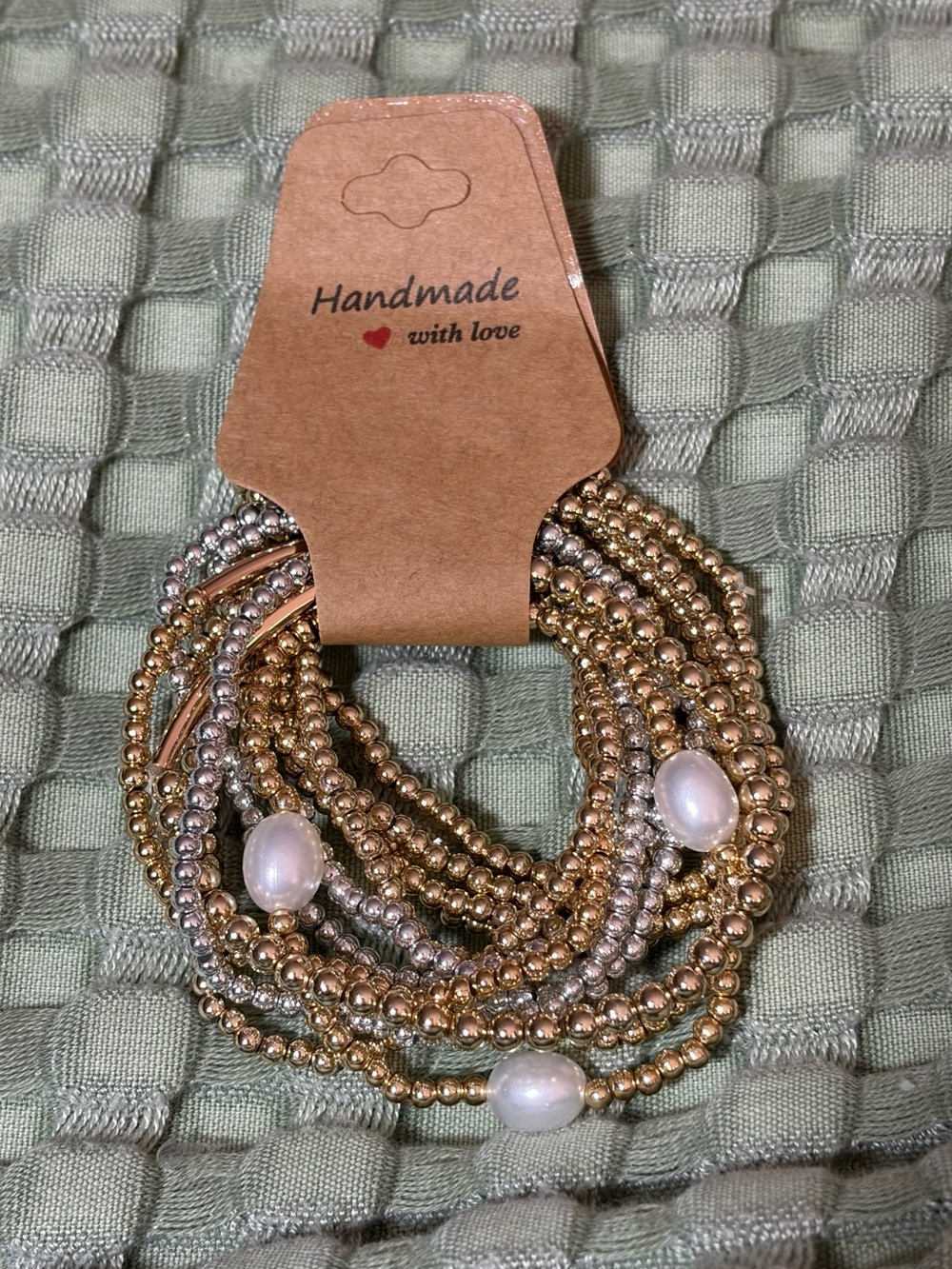 Handmade Gold Silver Beaded Stretch Bracelet Stack Pearl Accents